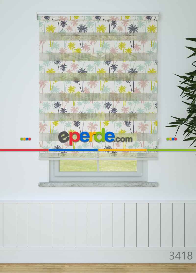 Çocuk Odası - Mor Pembe Palmiye Desenli Baskılı Zebra Perde