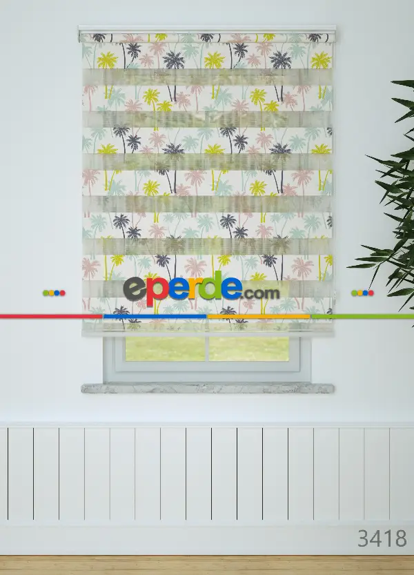 Mor Pembe Palmiye Desenli Baskılı Zebra Perde