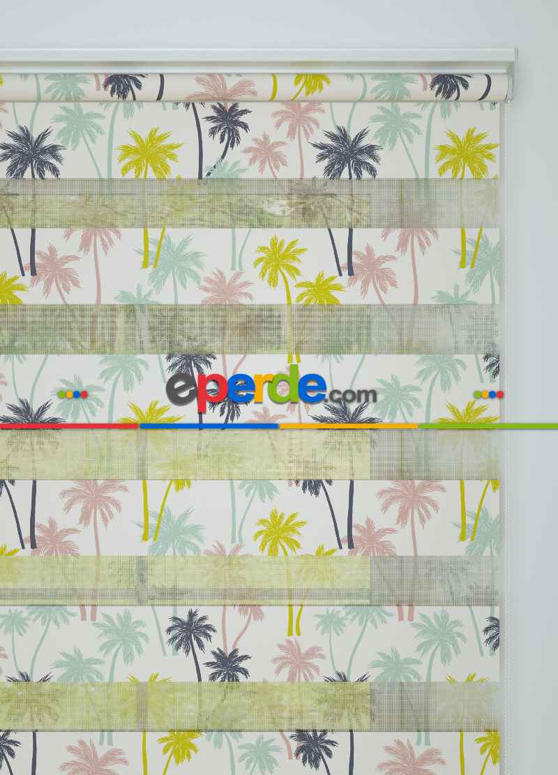 Çocuk Odası - Mor Pembe Palmiye Desenli Baskılı Zebra Perde