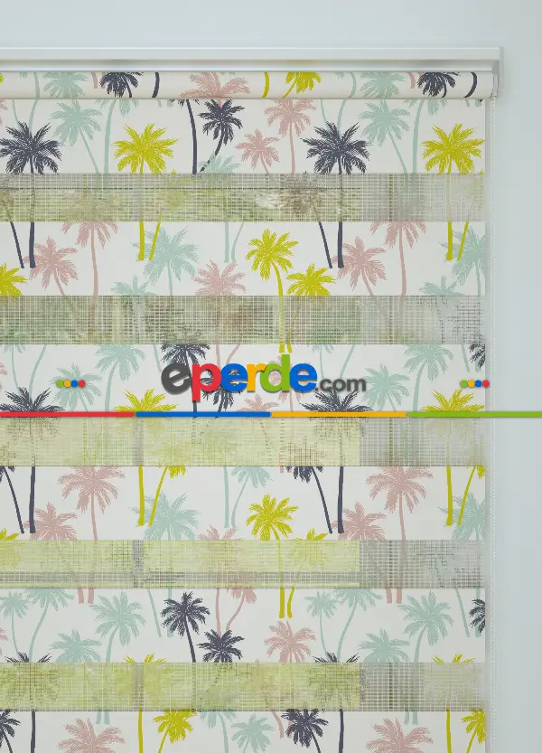 Mor Pembe Palmiye Desenli Baskılı Zebra Perde