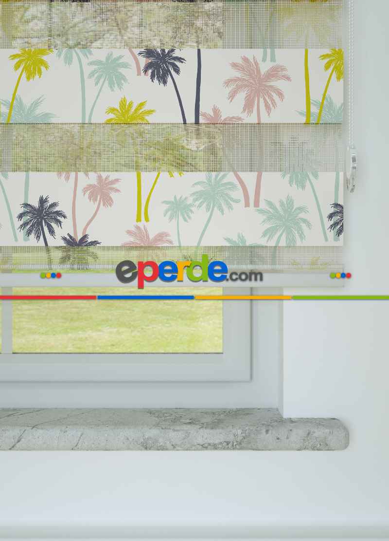 Çocuk Odası - Mor Pembe Palmiye Desenli Baskılı Zebra Perde