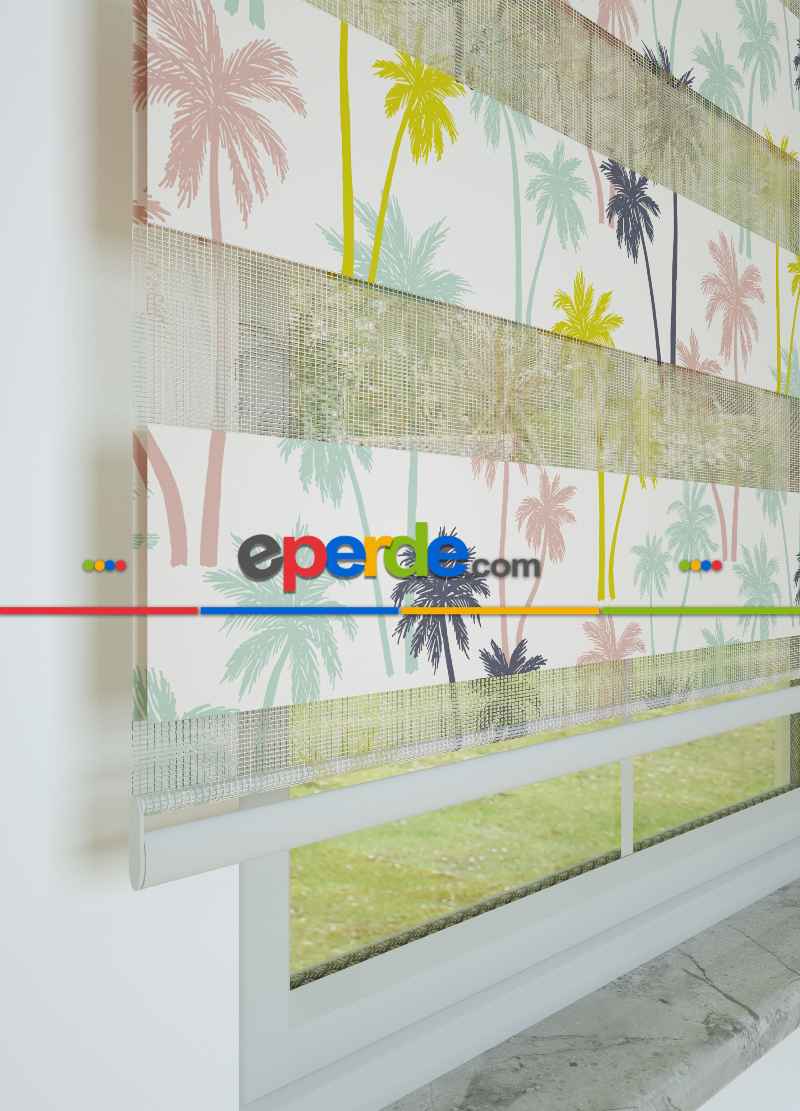 Çocuk Odası - Mor Pembe Palmiye Desenli Baskılı Zebra Perde