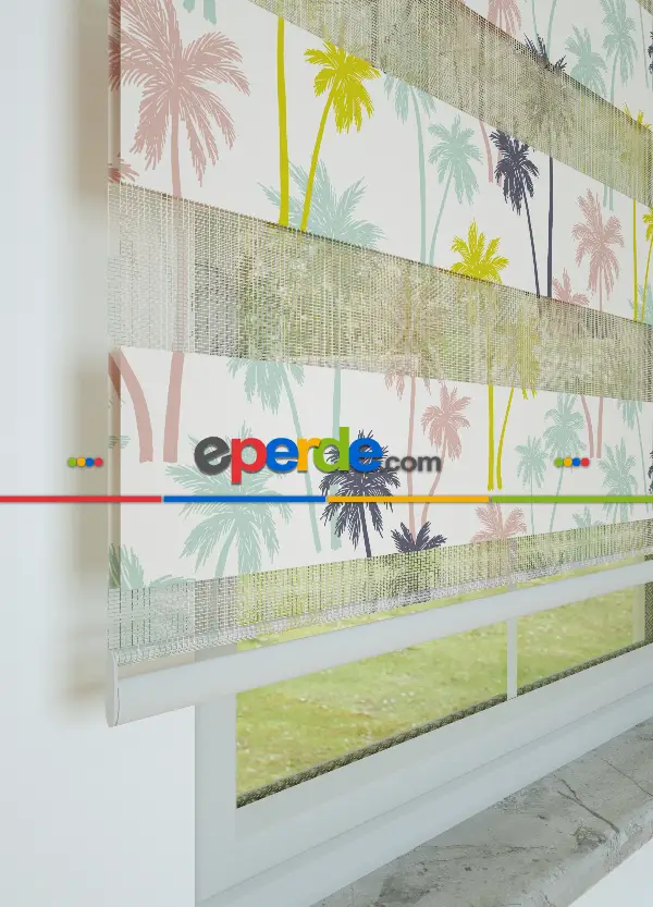 Mor Pembe Palmiye Desenli Baskılı Zebra Perde