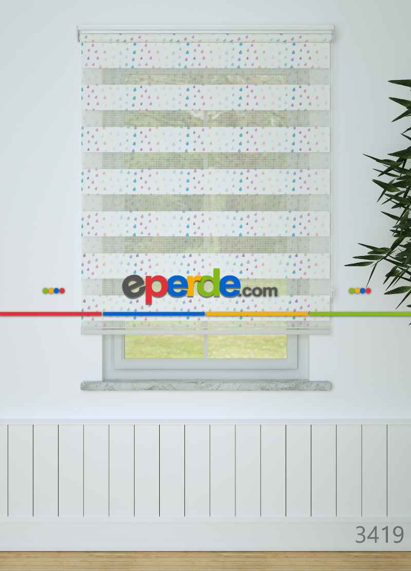 Mint Pembe Yağmur Desenli Baskılı Zebra Perde