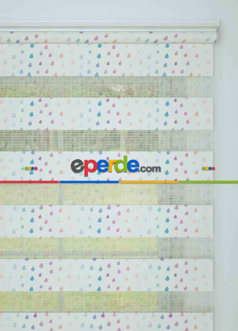 Mint Pembe Yağmur Desenli Baskılı Zebra Perde