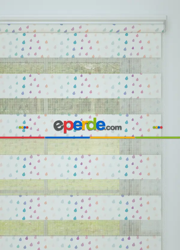 Mint Pembe Yağmur Desenli Baskılı Zebra Perde