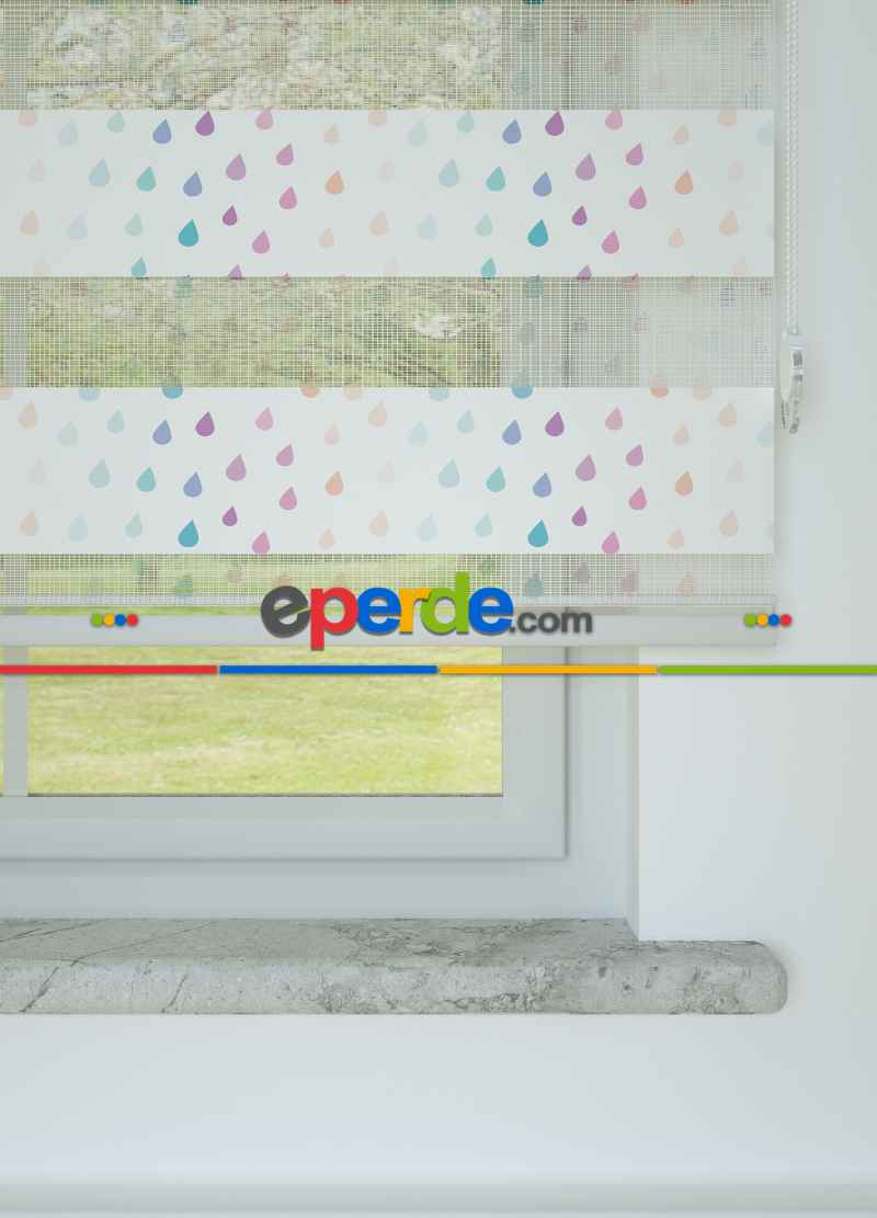 Mint Pembe Yağmur Desenli Baskılı Zebra Perde