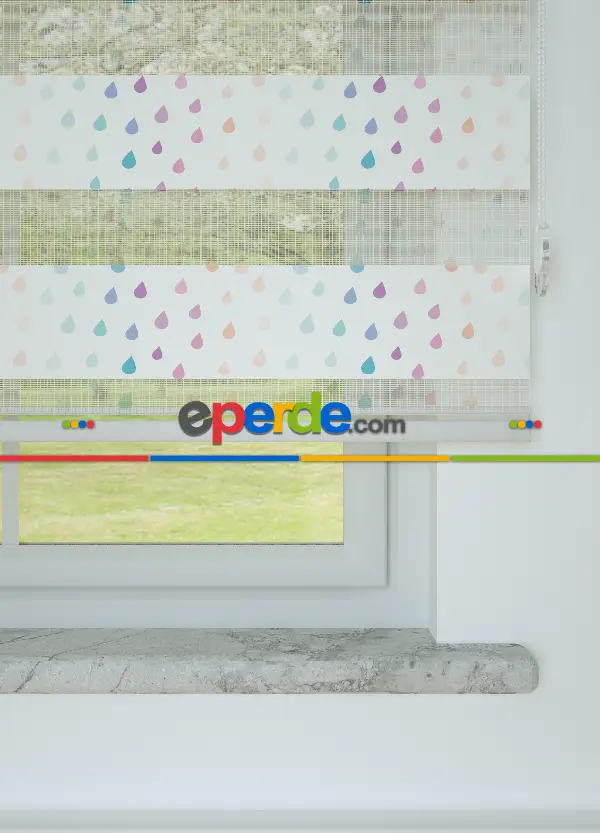 Mint Pembe Yağmur Desenli Baskılı Zebra Perde