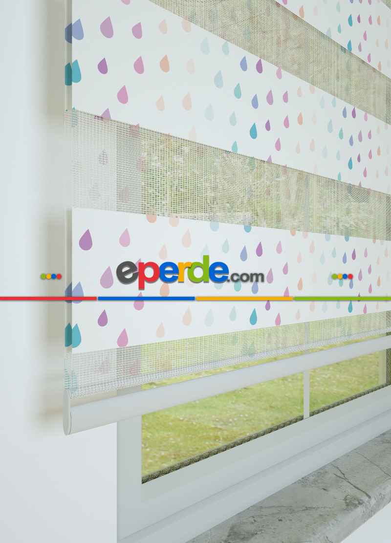 Mint Pembe Yağmur Desenli Baskılı Zebra Perde