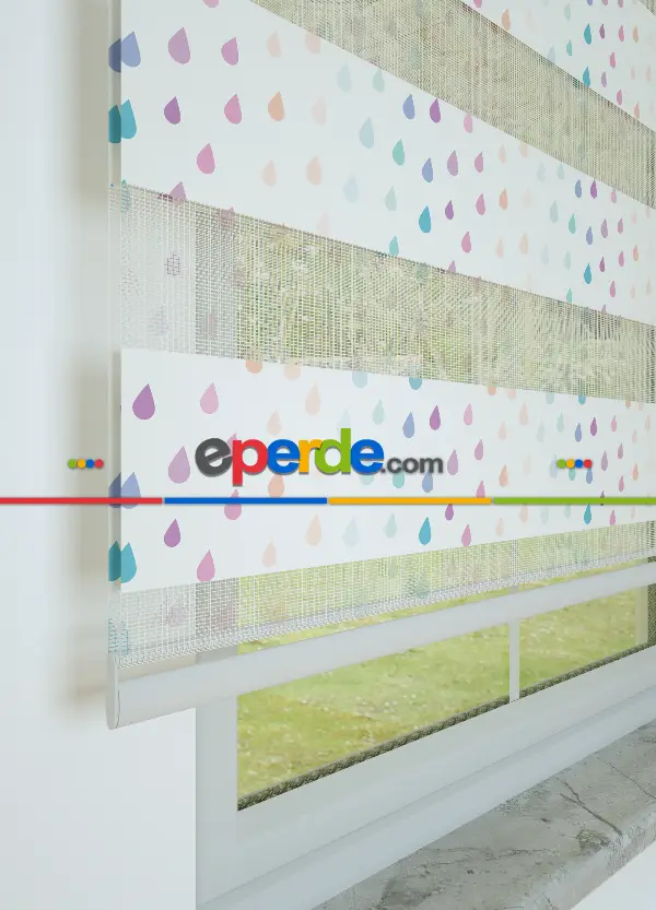 Mint Pembe Yağmur Desenli Baskılı Zebra Perde