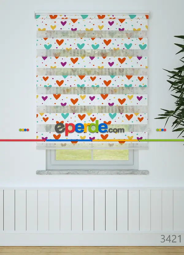 Turuncu Mor Kalp Desenli Baskılı Zebra Perde