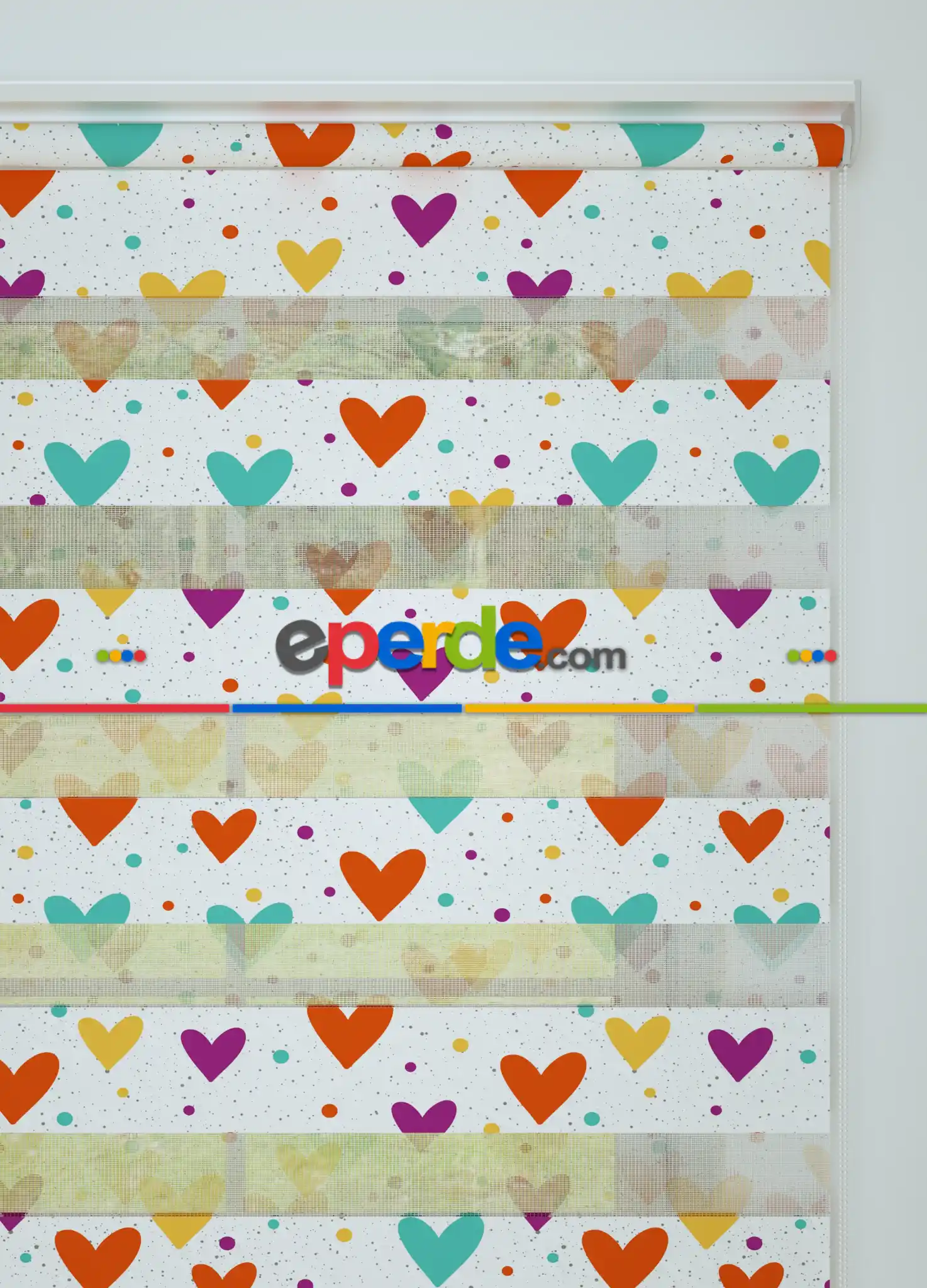 Turuncu Mor Kalp Desenli Baskılı Zebra Perde