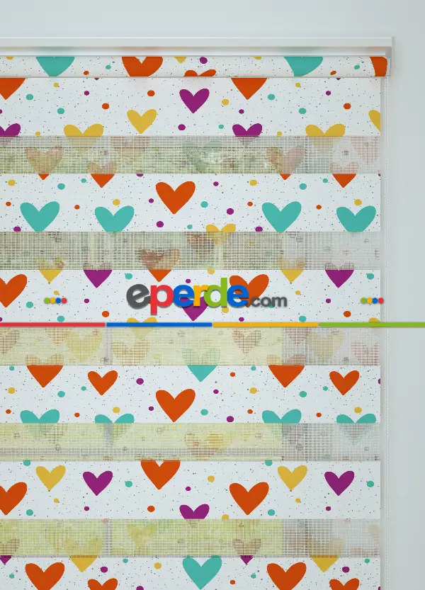 Turuncu Mor Kalp Desenli Baskılı Zebra Perde