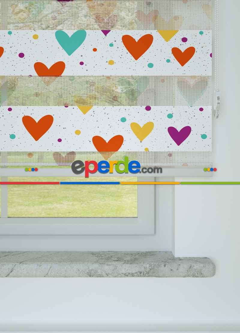 Çocuk Odası - Turuncu Mor Kalp Desenli Baskılı Zebra Perde