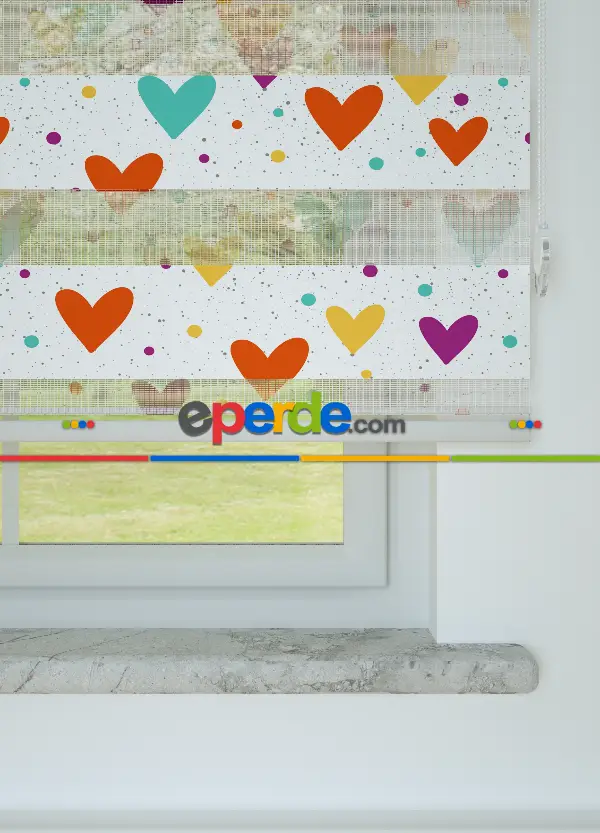 Turuncu Mor Kalp Desenli Baskılı Zebra Perde