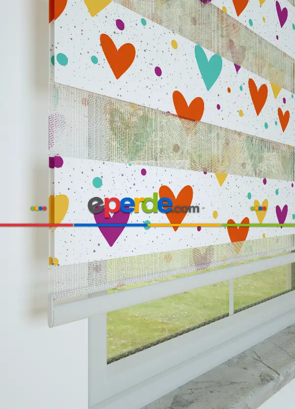 Turuncu Mor Kalp Desenli Baskılı Zebra Perde