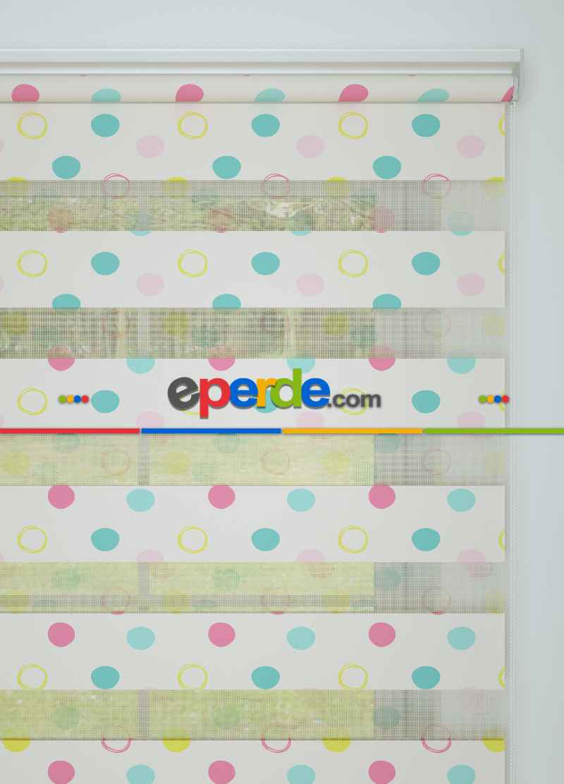 Çocuk Odası - Pembe Mint Puan Desenli Baskılı Zebra Perde