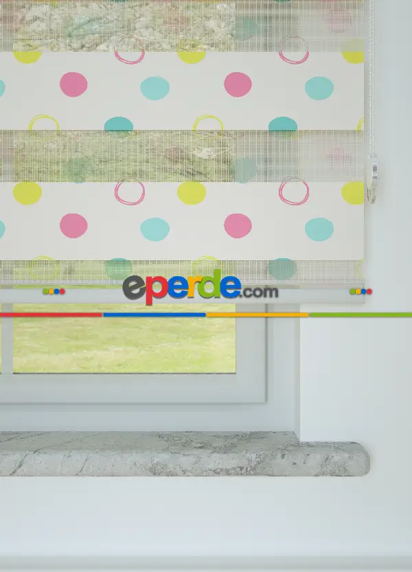 Bebek Odası - Pembe Mint Puan Desenli Baskılı Zebra Perde