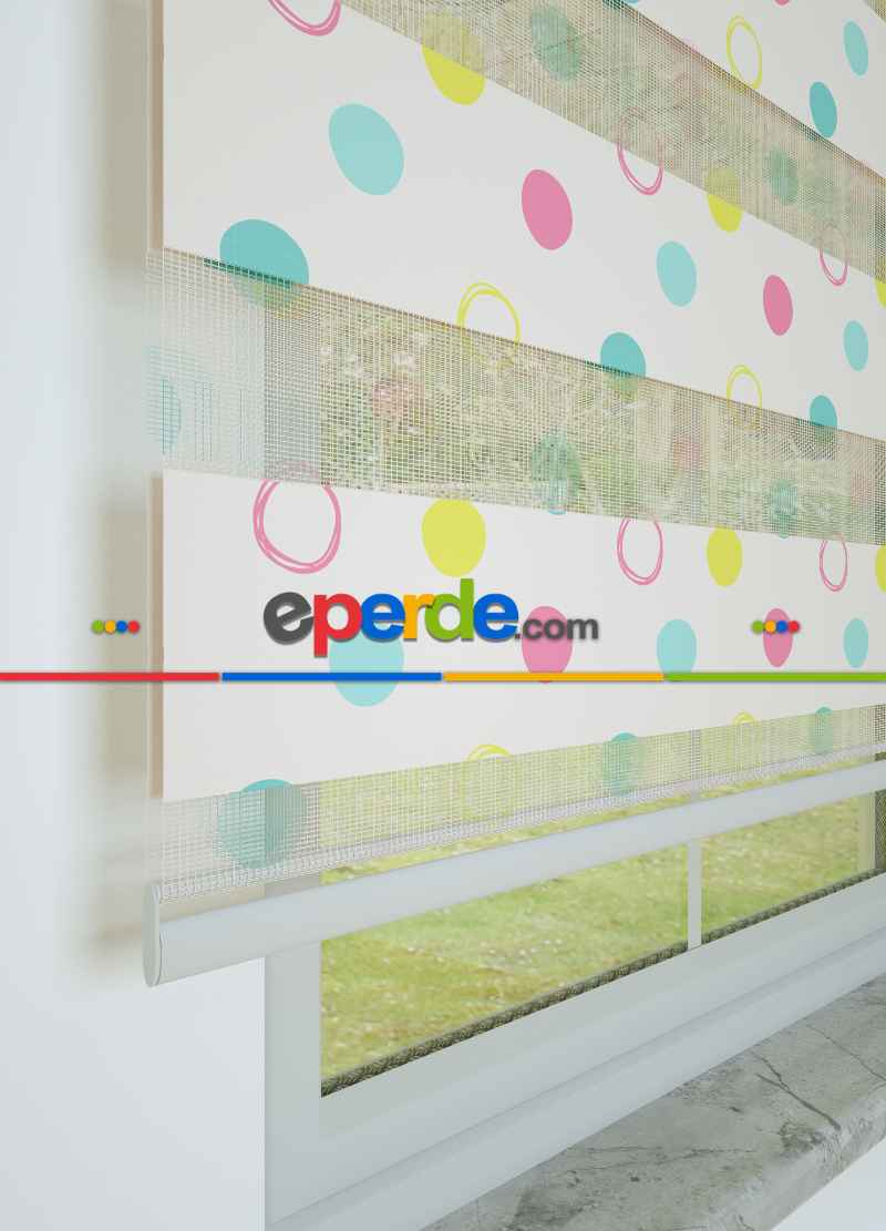 Çocuk Odası - Pembe Mint Puan Desenli Baskılı Zebra Perde