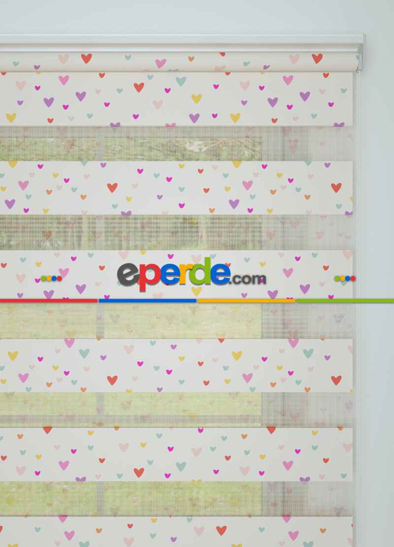 Çocuk Odası - Mor Pembe Minik Kalp Desenli Baskılı Zebra Perde