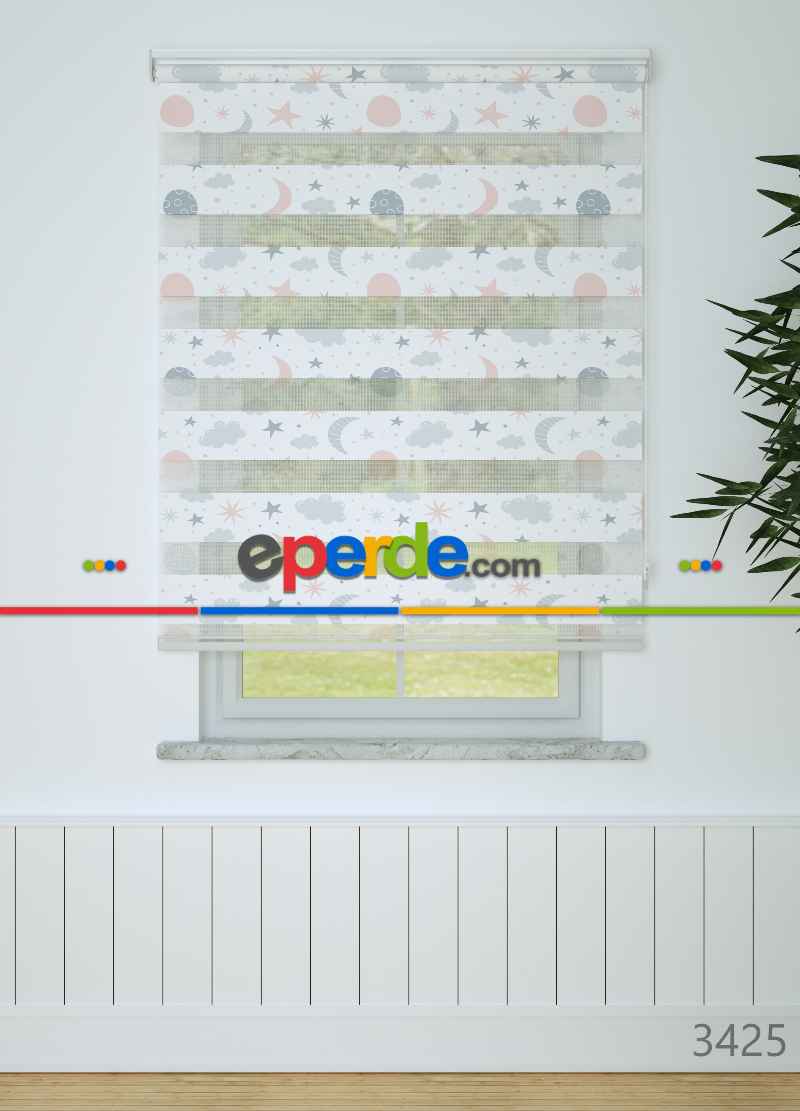 Gri Pembe Yıldız Ve Bulut Desenli Baskılı Zebra Perde