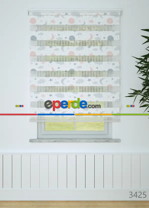 Bebek Odası - Gri Pembe Yıldız Ve Bulut Desenli Baskılı Zebra Perde