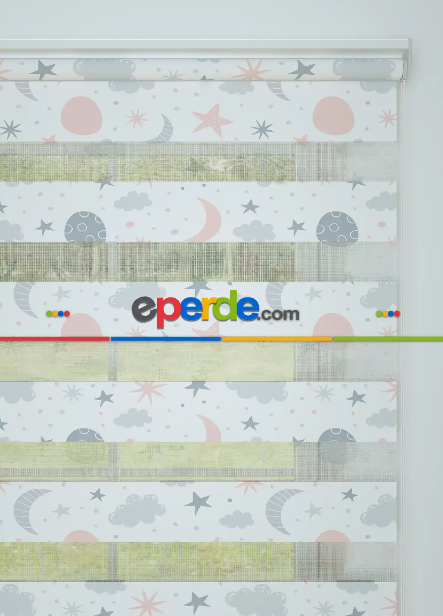 Bebek Odası - Gri Pembe Yıldız Ve Bulut Desenli Baskılı Zebra Perde