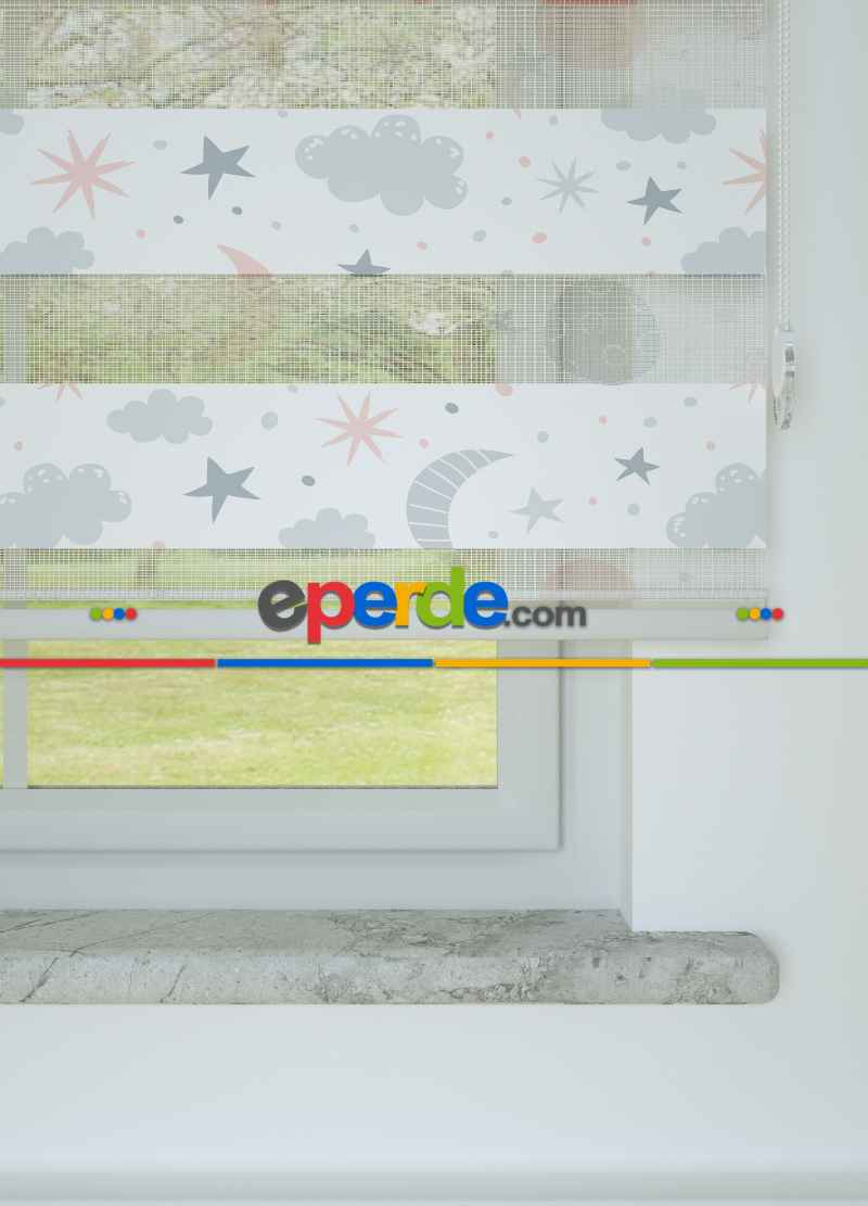 Gri Pembe Yıldız Ve Bulut Desenli Baskılı Zebra Perde