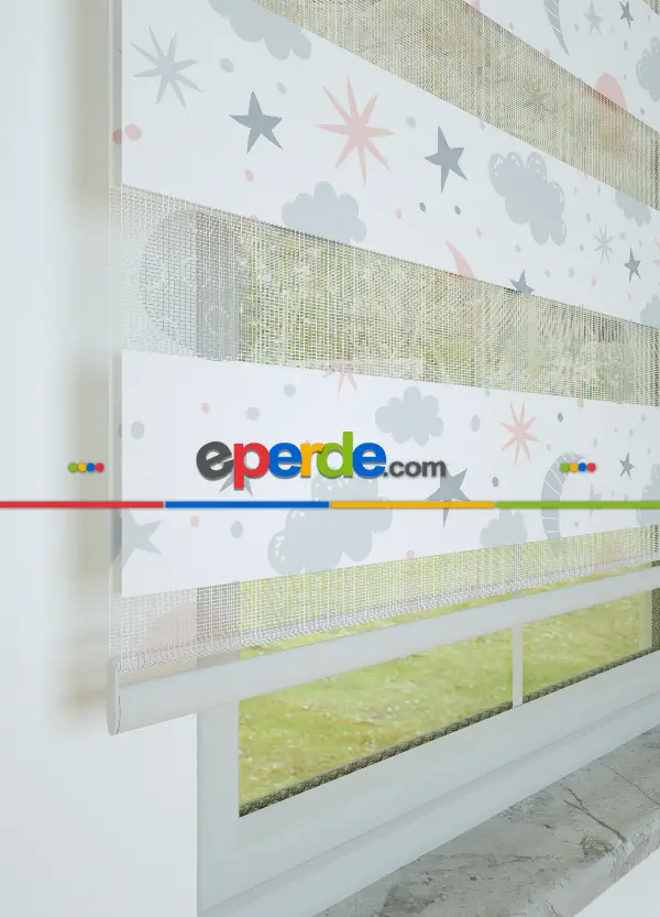 Bebek Odası - Gri Pembe Yıldız Ve Bulut Desenli Baskılı Zebra Perde