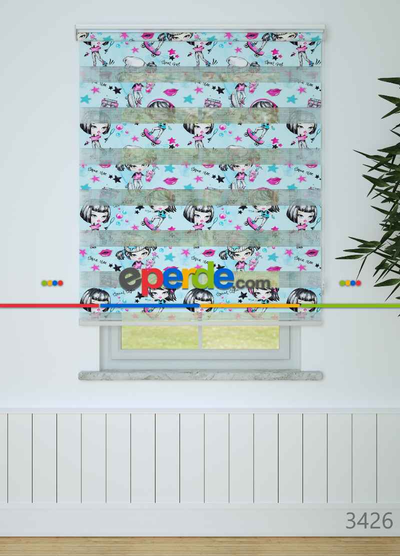 Mavi Fuşya Kaykaycı Kız Desenli Baskılı Zebra Perde