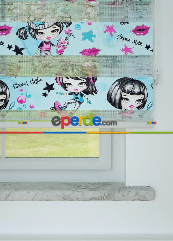 Mavi Fuşya Kaykaycı Kız Desenli Baskılı Zebra Perde