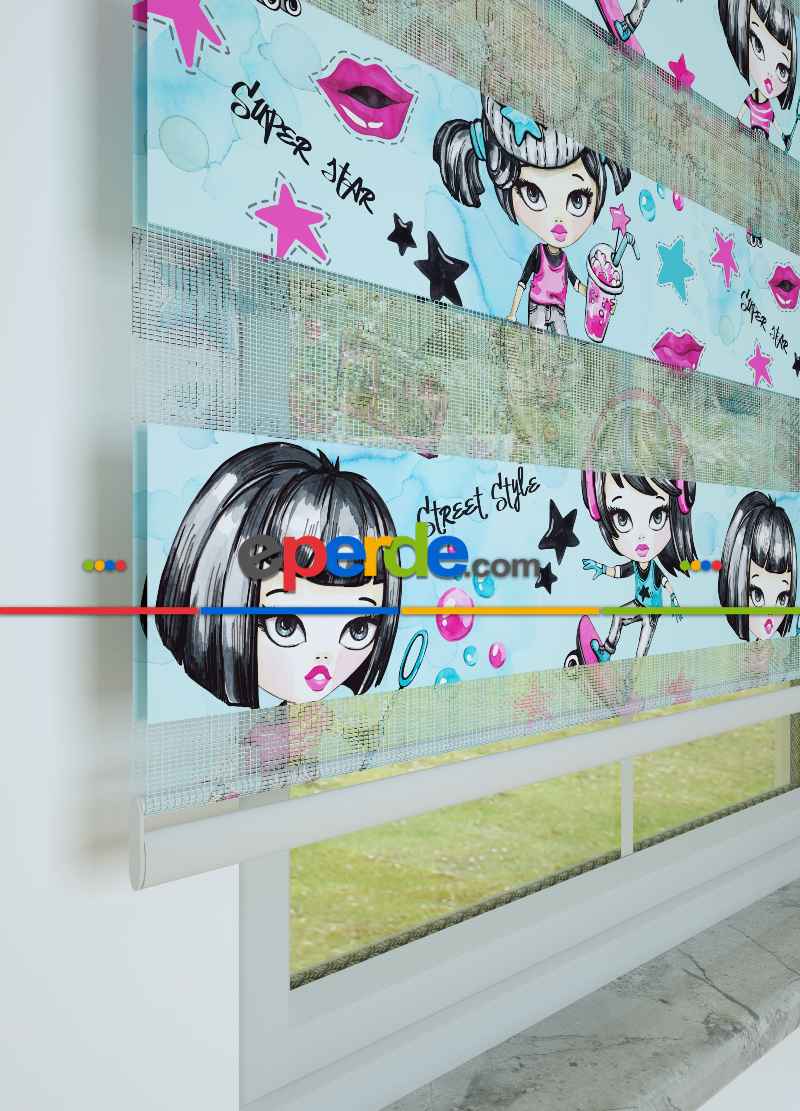 Mavi Fuşya Kaykaycı Kız Desenli Baskılı Zebra Perde