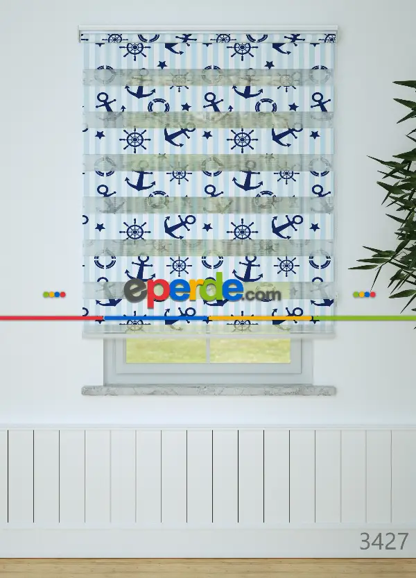 Bebek Odası - Mavi Lacivert Denizci Desenli Baskılı Zebra Perde