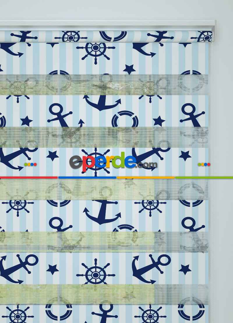 Mavi Lacivert Denizci Desenli Baskılı Zebra Perde