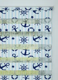 Mavi Lacivert Denizci Desenli Baskılı Zebra Perde
