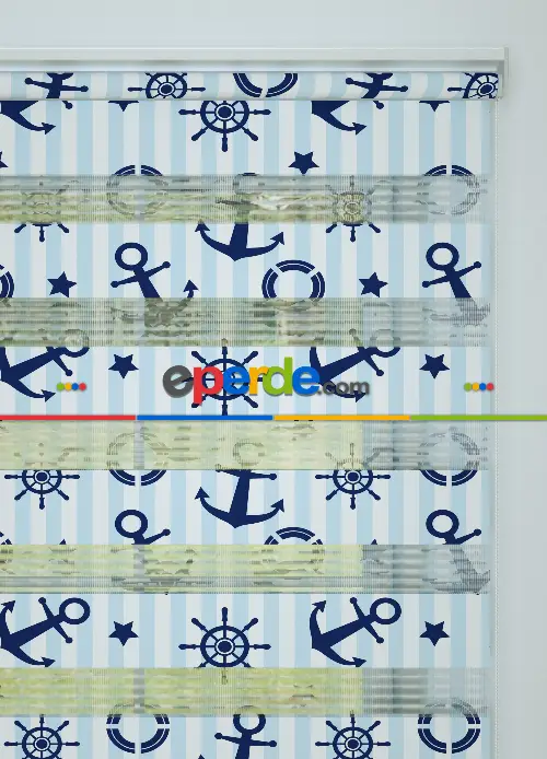 Mavi Lacivert Denizci Desenli Baskılı Zebra Perde