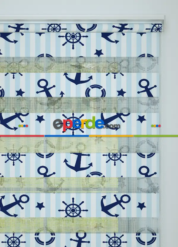Bebek Odası - Mavi Lacivert Denizci Desenli Baskılı Zebra Perde