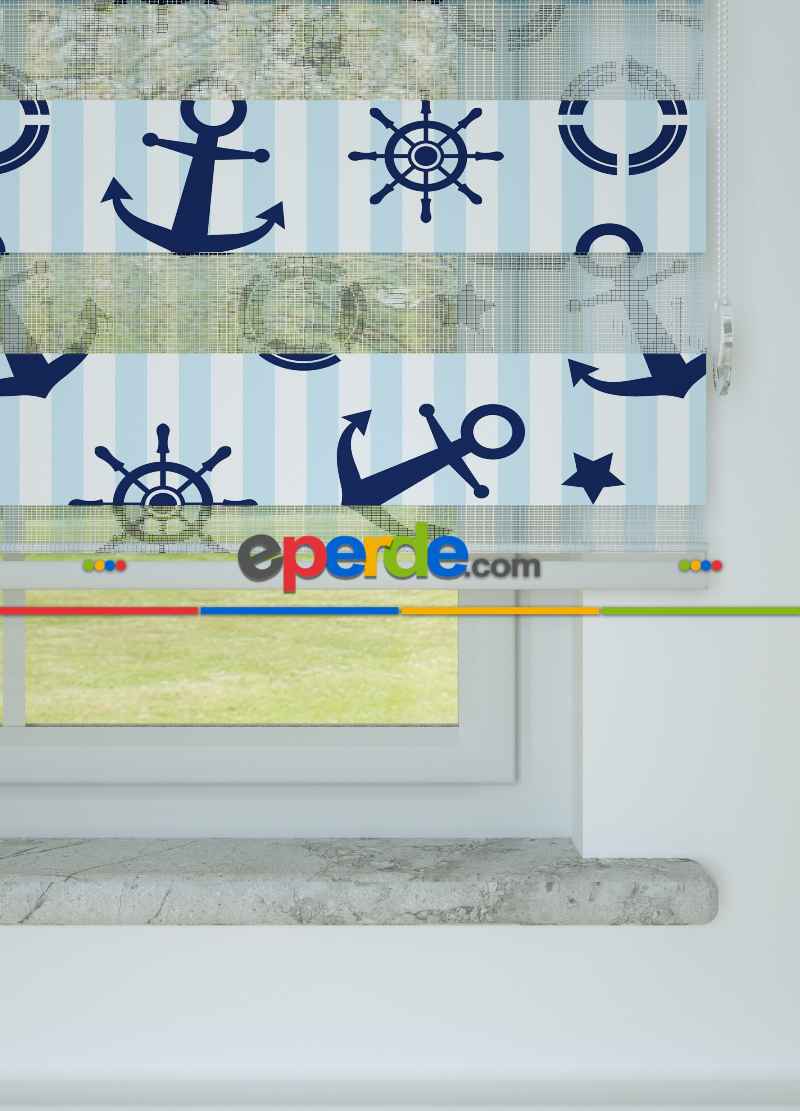 Mavi Lacivert Denizci Desenli Baskılı Zebra Perde