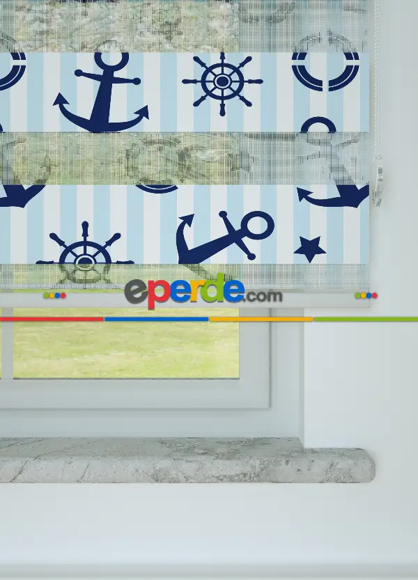 Bebek Odası - Mavi Lacivert Denizci Desenli Baskılı Zebra Perde