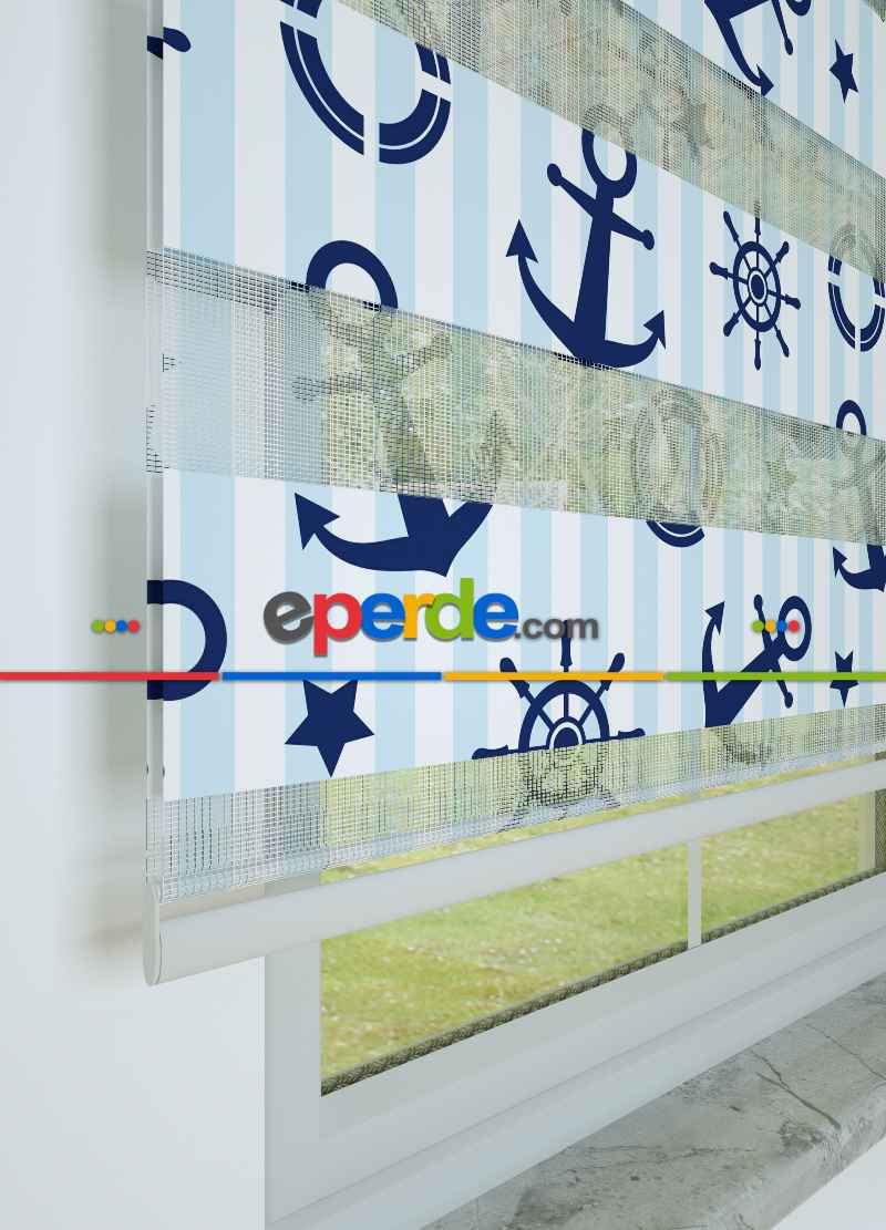 Mavi Lacivert Denizci Desenli Baskılı Zebra Perde