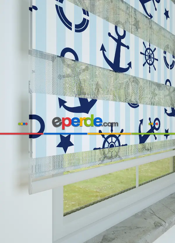 Bebek Odası - Mavi Lacivert Denizci Desenli Baskılı Zebra Perde