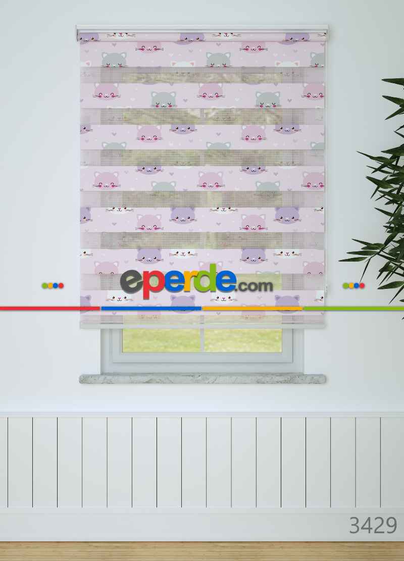 Pembe Mor Kedi Desenli Baskılı Zebra Perde