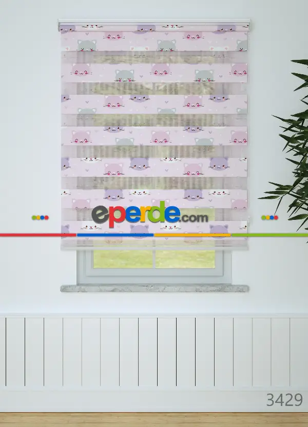 Pembe Mor Kedi Desenli Baskılı Zebra Perde