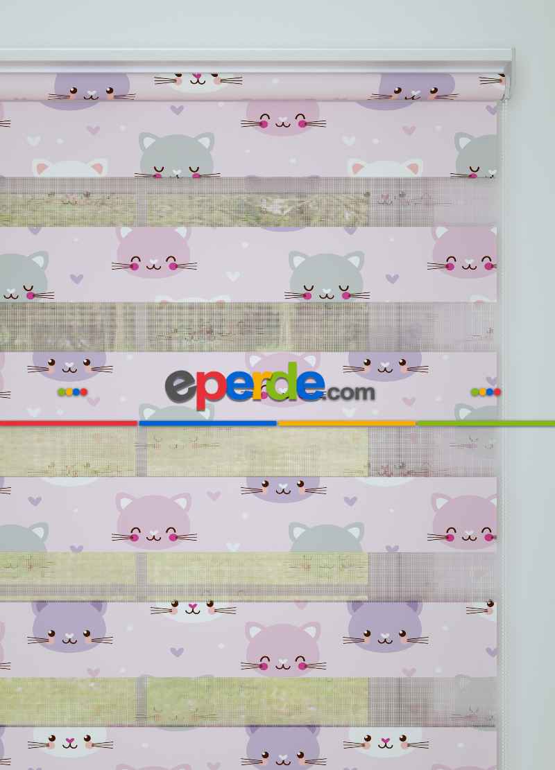 Pembe Mor Kedi Desenli Baskılı Zebra Perde