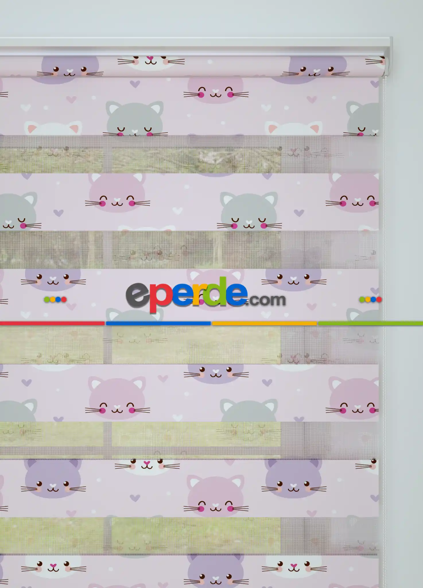 Pembe Mor Kedi Desenli Baskılı Zebra Perde