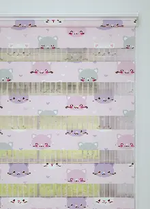 Pembe Mor Kedi Desenli Baskılı Zebra Perde