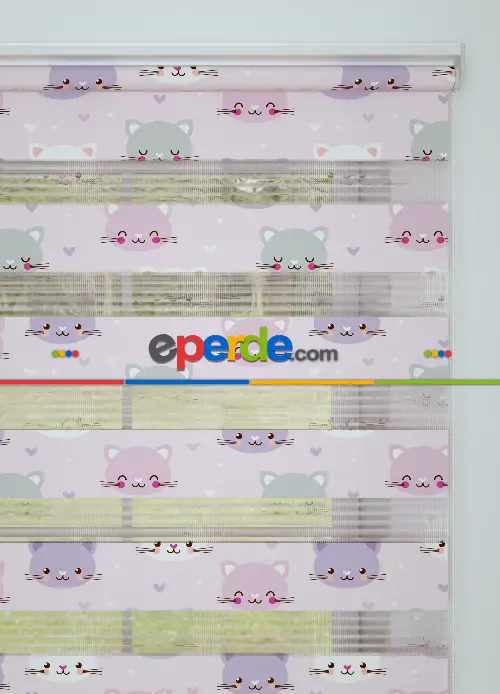 Pembe Mor Kedi Desenli Baskılı Zebra Perde