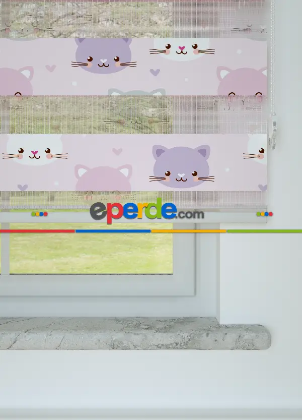 Pembe Mor Kedi Desenli Baskılı Zebra Perde
