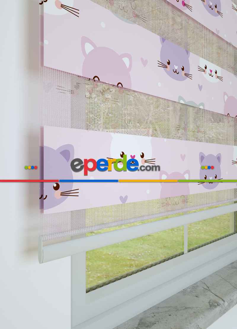 Pembe Mor Kedi Desenli Baskılı Zebra Perde
