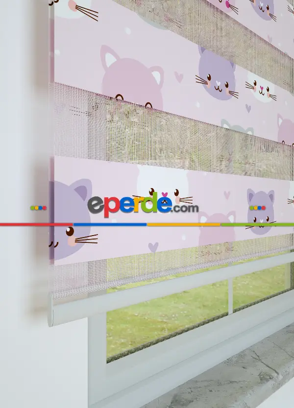 Pembe Mor Kedi Desenli Baskılı Zebra Perde